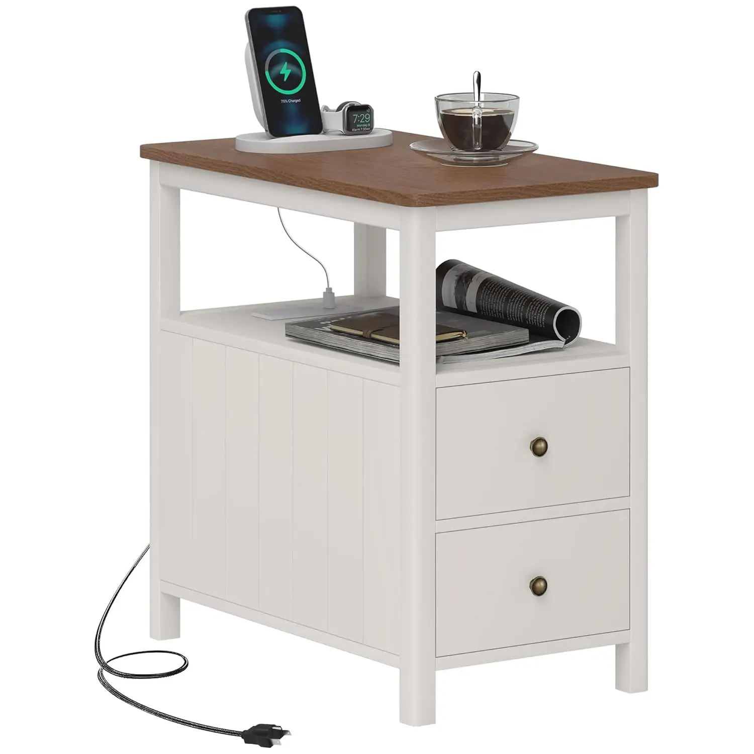 

Modern End Table Charging Station USB Ports Narrow Side Drawer Shelf Living Room White, Customized