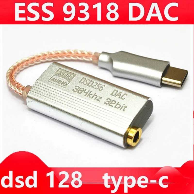 RISE-DAC USB C타입 헤드폰 어댑터, Hifi 디코딩 AMP 어댑터, 사운드 카드, 안드로이드용, 3.5mm, ES9318
