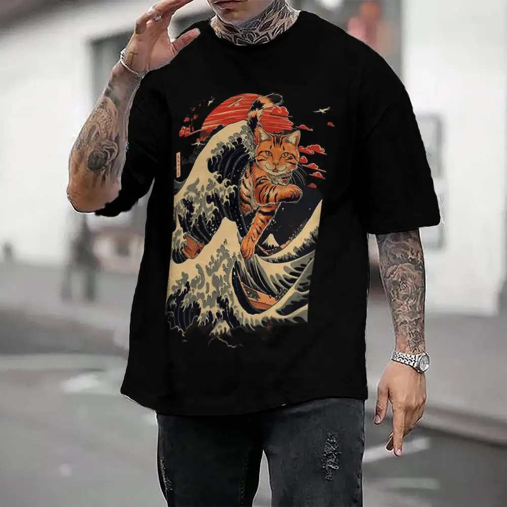 Japanese Men's T-Shirt Ukiyo-E And Cat Pattern Printed T-Shirt Casual Loose Short Sleeved T-Shirts Oversized Men's Clothing Tops