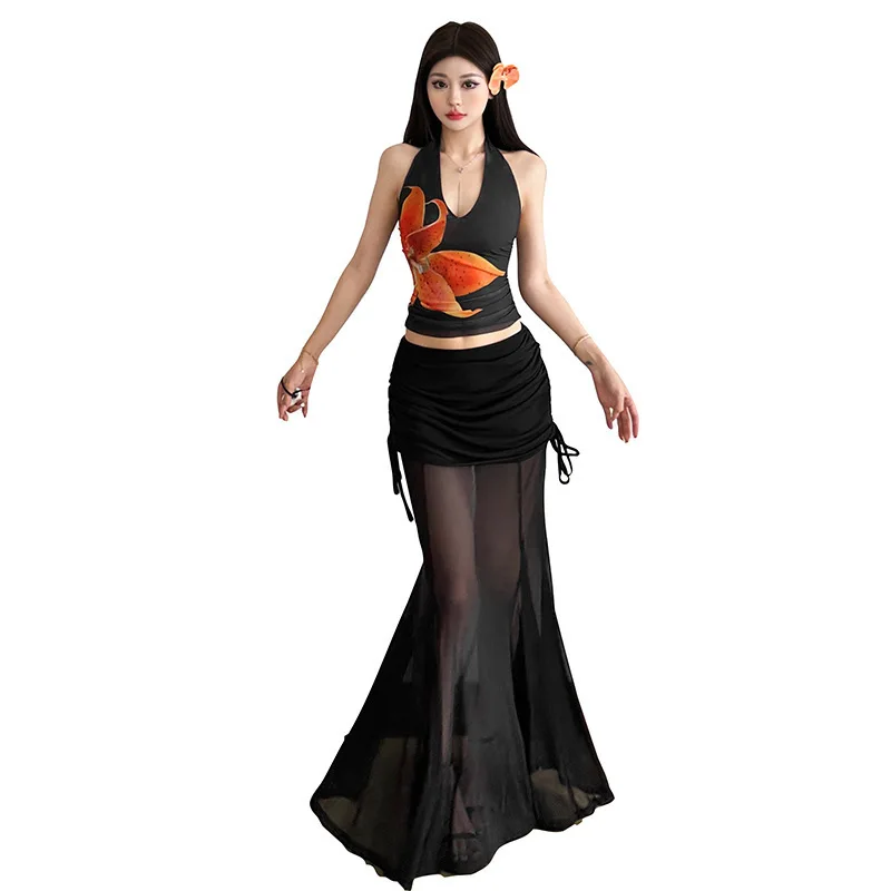 Conjunto de Top Sem Mangas com Estampa de Pls e Saia E de Cintura Alta para Mulheres, Vestido Impro em Fibra de...