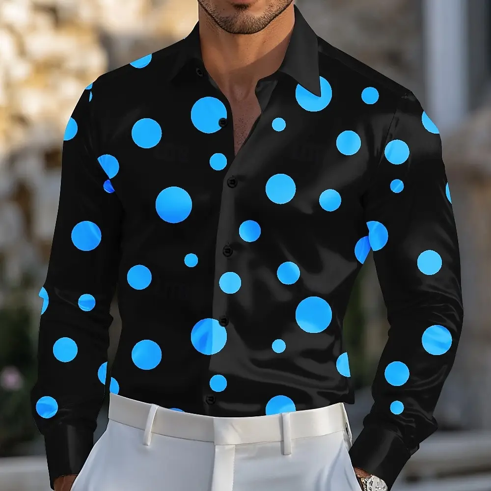 Camicia casual da uomo a maniche lunghe geometrica con stampa a pois e design frontale con bottoni, adatta per lavoro e date di tutti i giorni.