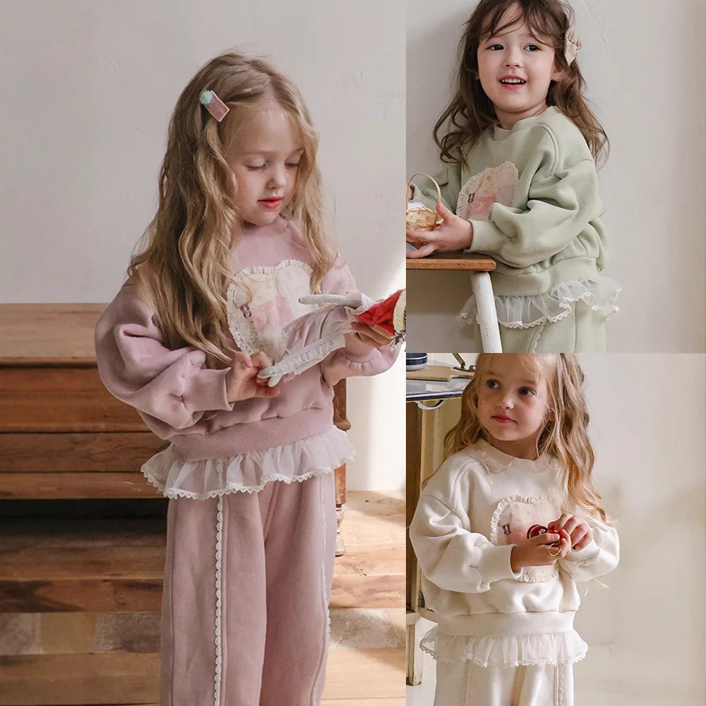 

2025 Winter New Children Plus Velvet Thick Sweatshirt Set Fashion Girls Cartoon Patch 2pcs Suit Kids Cotton Casual Outfits