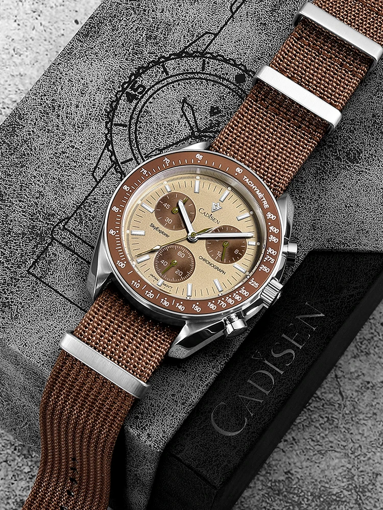 CADISEN Neue Herrenuhren Luxus-Quarz-Armbanduhr für Herren Saphir AR-beschichtetes Kristallglas Canvas VK68 Speed Chronograph Automatik