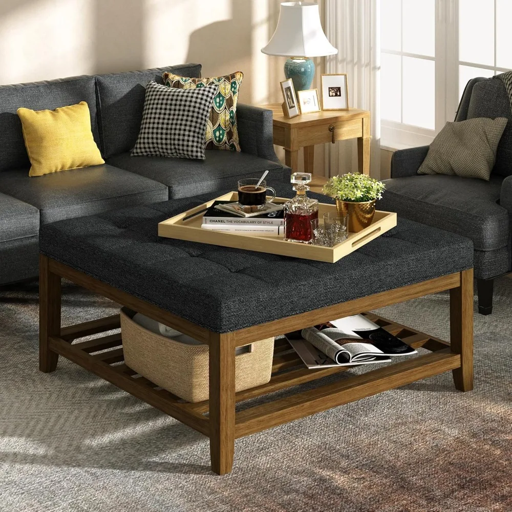 

Large Square Ottoman Coffee Table, Linen Solid Upholstered Footrest Ottoman with Solid Wood Shelf Storage Tufted Coffee Table fo