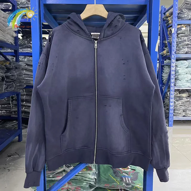 25FW 100% القطن المتضخم خمر غسلها أسود رمادي التالفة هول معاطف الرجال النساء موضة عادية سانت قلنسوة بسحاب مقنعين