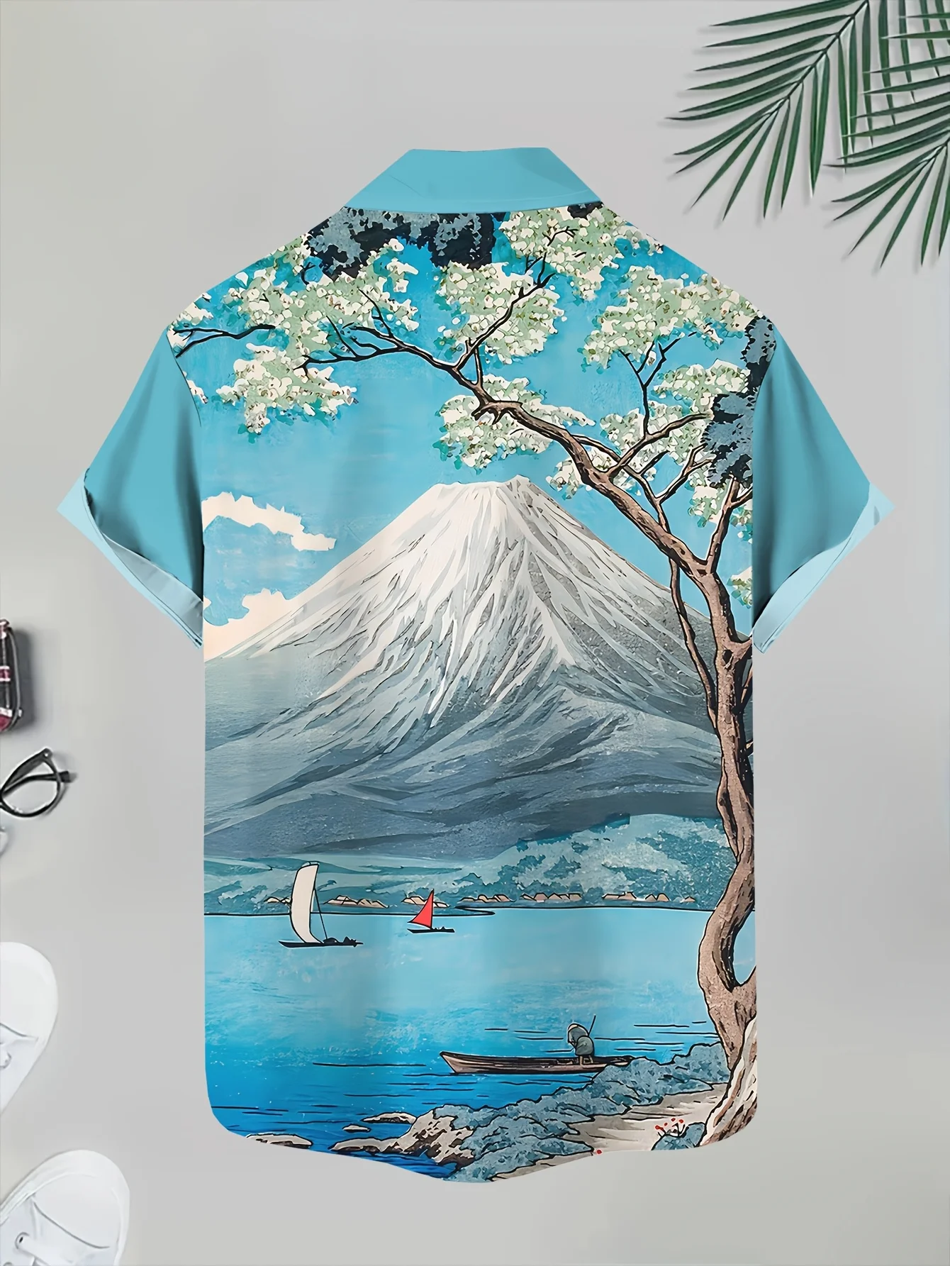 Men Short Sleeve Shirt Ukiyo‑e Mount Fuji Landscape Print Turn‑Down Collar Hawaiian Casual Tops