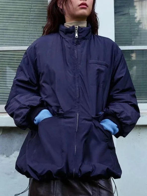 

Куртка-бомбер Ku Home темно-синяя на молнии, с заниженной линией плеч, женская, хлопковая, зимняя, модная, с длинным рукавом, воротник-стойка