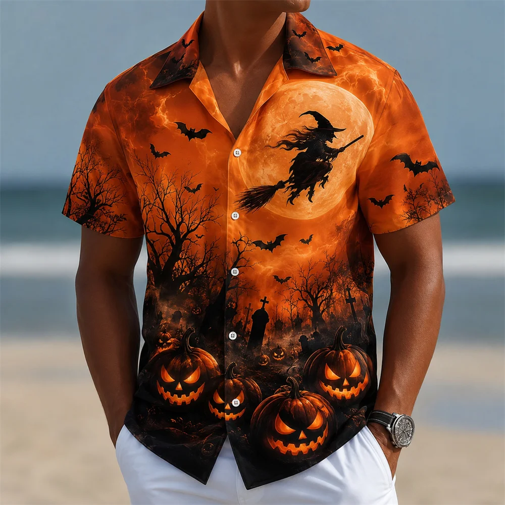 Happy Halloween Jack O Lantern Moon Shirt For Men 3D Print Bat Short Sleeve Shirt Horror Halloween Party Costume Top 2026 New