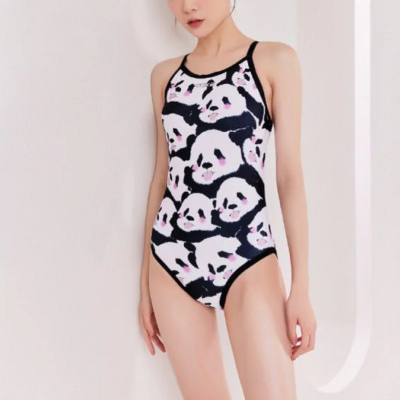 One-piece Panda Swimsuit for Women Peach Plaid Classic Training for Racing Slim Swimwear Professional Spice Girl Bathing Suit