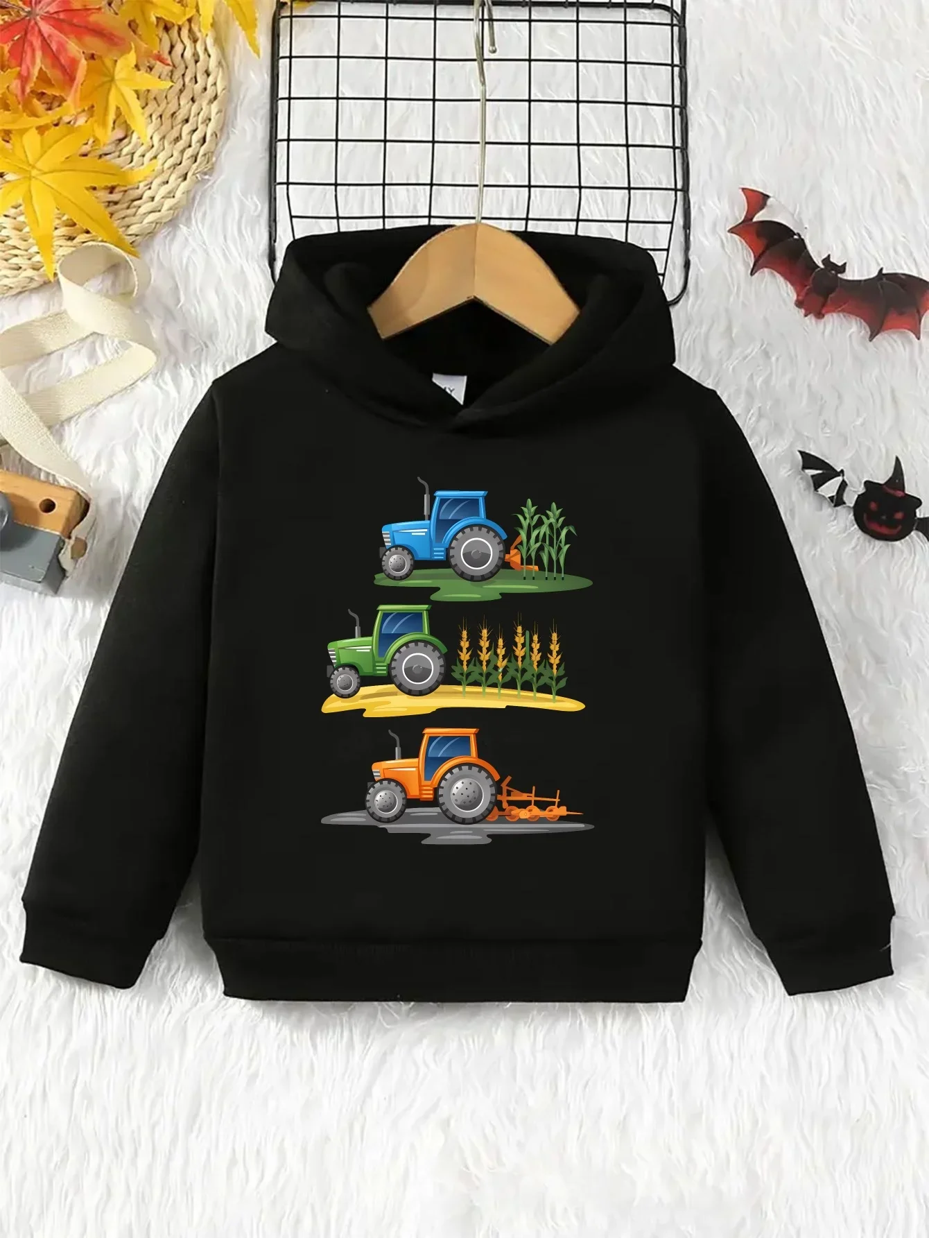 Kids Tractor Print Hoodie Autumn Winter Fleece Lined Warm Farm Cartoon Graphic Casual Pullover Boys Hooded Sweatshirt