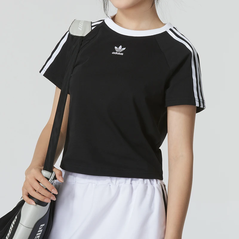 Adidas Originals Women's JC8703 short cotton crew neck T-shirt with letter embroidery, color-block stripes, and a comfy slim fit