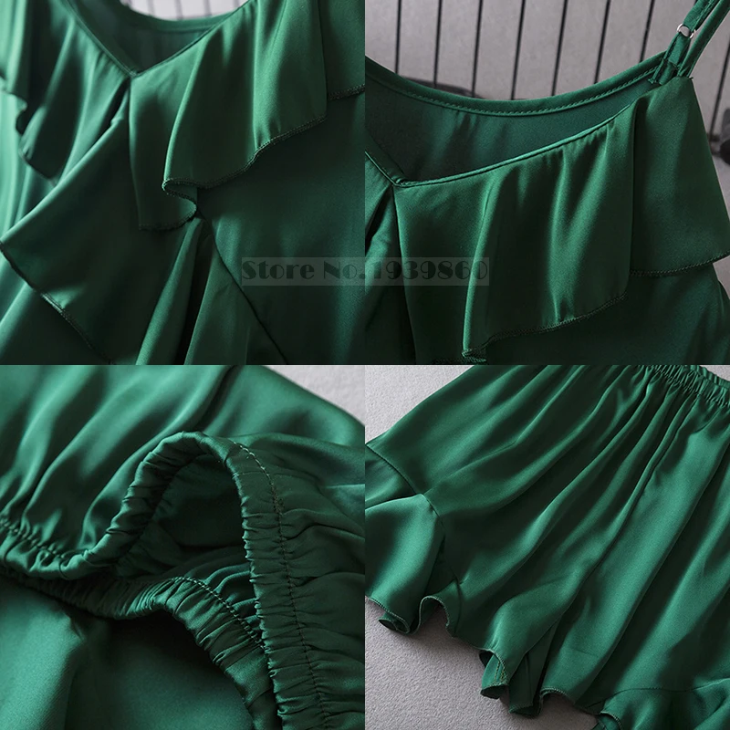 Summer Female Pajamas Set Green Ruffle Chemise Sleepwear Sexy Strap Top&shorts Intimate Lingerie Loose Silk Satin Home Wear