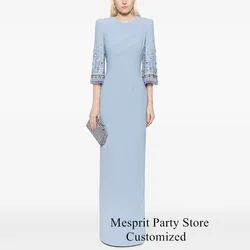 Prom Dress Long Customized Round Neck 3/4 Sleeves Beading Sequined Straight Arabian Evening Dress Pale Blue Saud Party Gown