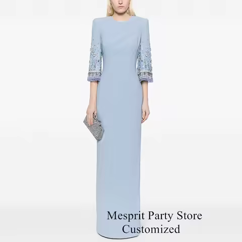 Prom Dress Long Customized Round Neck 3/4 Sleeves Beading Sequined Straight Arabian Evening Dress Pale Blue Saud Party Gown