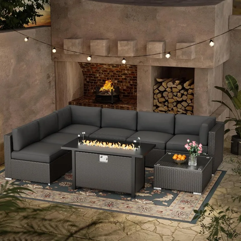 8-Piece Outdoor Patio Furniture Sofa Set with 45” Propane Gas Fire Pit Table, Black Rattan Wicker Sectional Conversation Sets