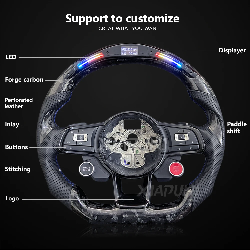 For VW Steering Wheel Golf 7 MK7 Mk7.5 GTI Scirocco Polo GTS R Line 2014-2017 Forge Carbon Fiber Customized LED RPM Racing Wheel