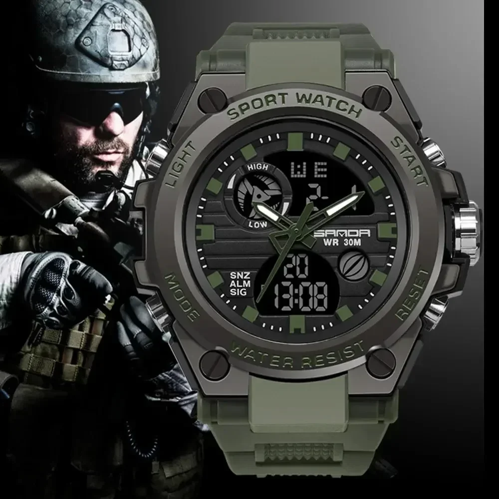 SANDA 739 Luxury Digital Quartz Watch for Men Military Army Waterproof Sports Wristwatches LED Dual Display Mens Reloj Hombre