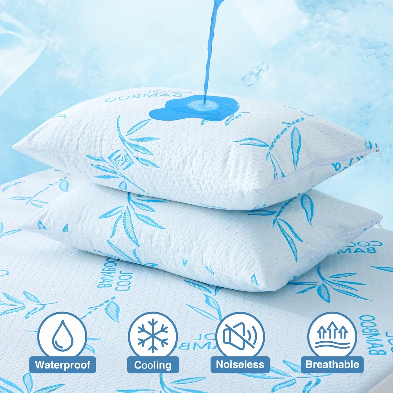Bamboo Fiber Pillowcases 2 Pack, Zipper Pillow Protectors, Breathable Jacquard Pillow Covers, Machine Washable Pillow Shams