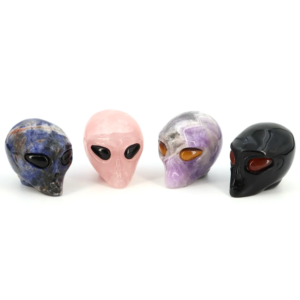 Alien Skull Statue Natural Stone Quartz Carved Gemstone Crafts For Halloween Gift Healing Crystal Home Decoration Children Gift