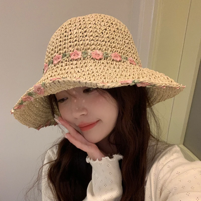 Flower Straw Hats Women Summer Sun Hat Woman Summer Beach Sun Caps Panama Lady Casual Sun Hats for Women Straw Hat