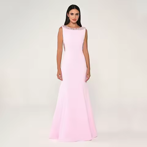 Customized Women's Evening Dresses Pink Pearls Crystal Scoop Elegant Evening Gowns Long Sleeveless Trumpet Formal Party Dress