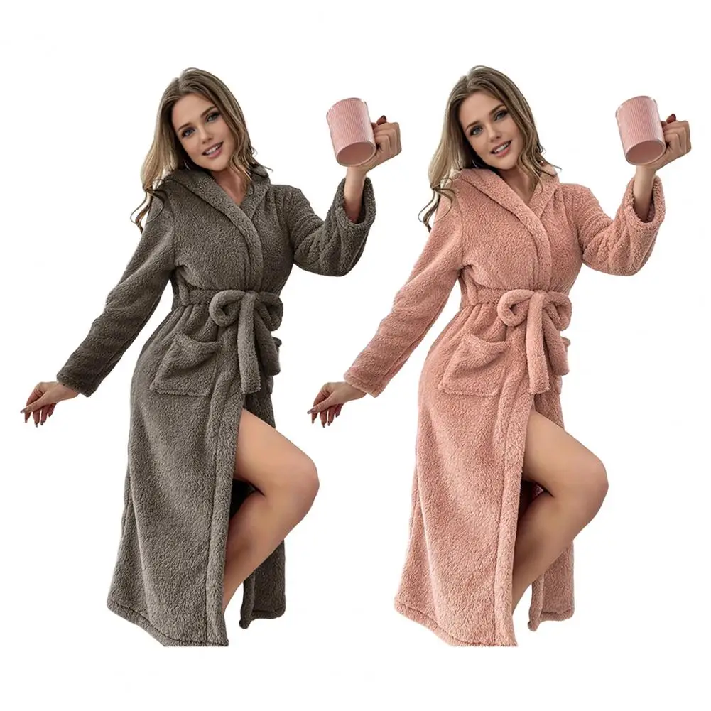 Gray Pink Coral Fleece Winter Sleepwear Women's Home Clothes Hooded Casual Bathrobe with Pockets And Waist Belt Warmth And Comfo