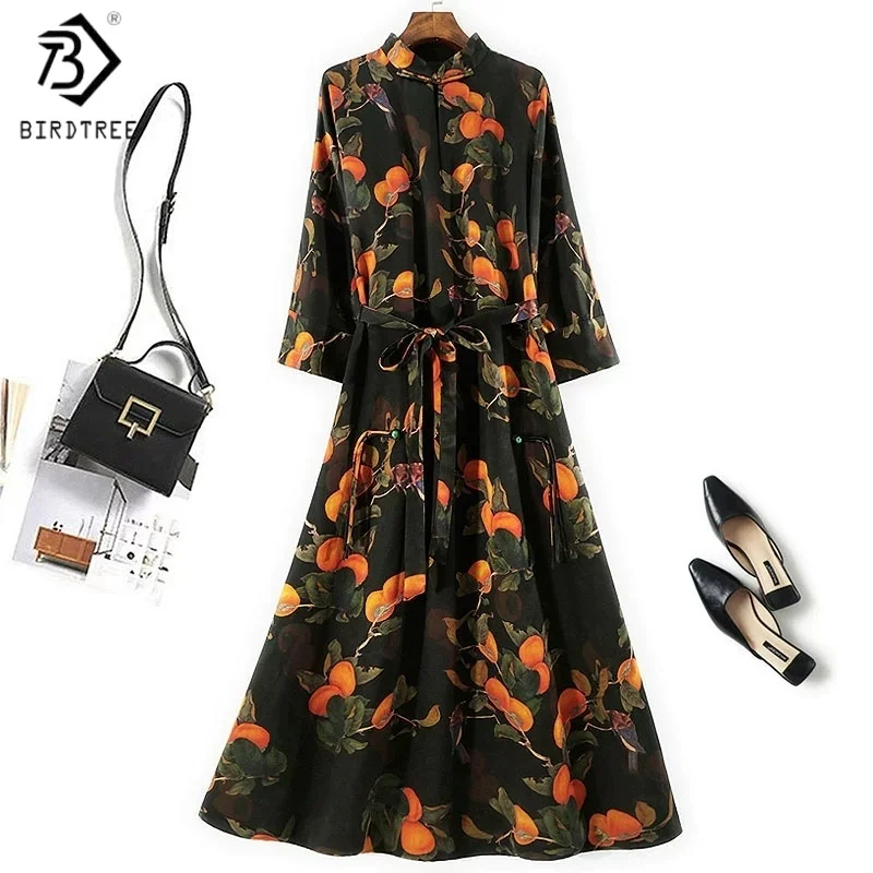 Birdtree, sukienka z jedwabiu morwowego 60 mm, 100% jedwab, damska sukienka z ciężkiego satyny z gazy Xiangyun, nadruk persymony, nowość na lato 2025 D5D517JF