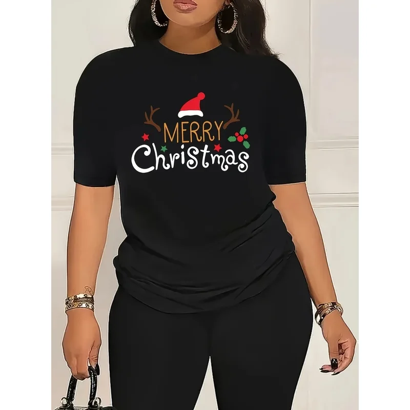Women Plus Size Round Neck Short Sleeve T-Shirt, Merry Christmas Santa Hat Antler Holly Graphic Casual Tops
