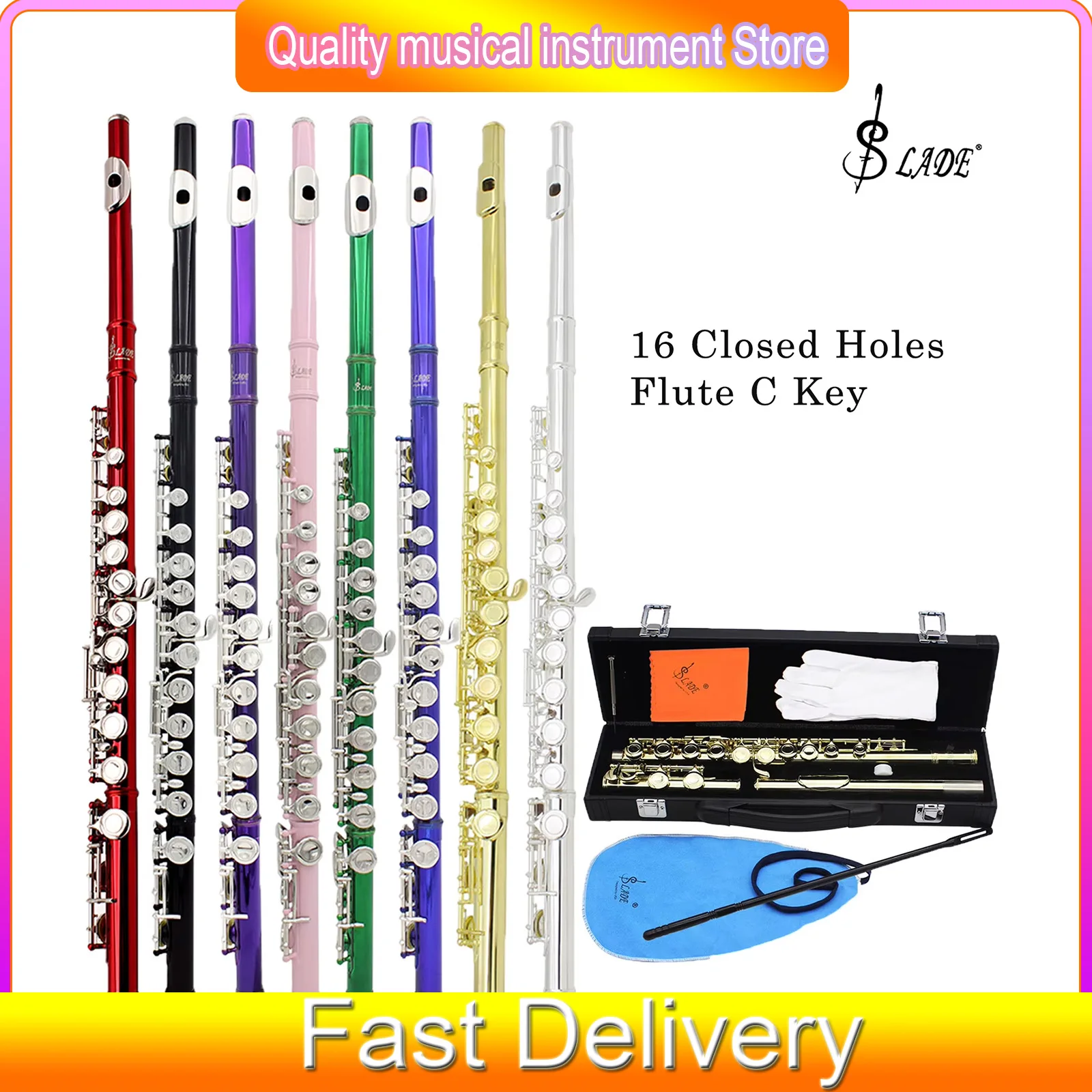 SLADE 16 Closed Open Holes C Key Flute Professional Transverse Flute With E key Beginners Leather Box Sets Woodwinds Instrument
