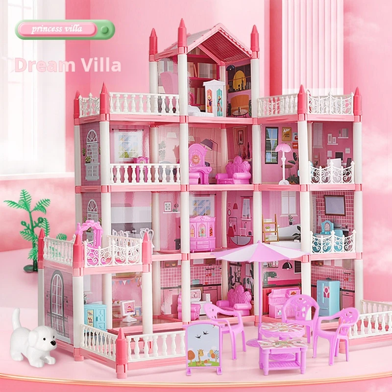 Large Dollhouse, Toddler House for Girls - with Dolls, Furniture, Accessories, LED Lights, 4 Stories Princess Dream House Toys