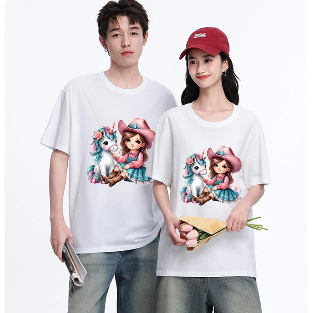 Cute Cowgirl Girl With Unicorn Printed T Shirt Breathable Fabric S-XXL Personalized Custom Aesthetic Graphic Top Unisex Fit Casu