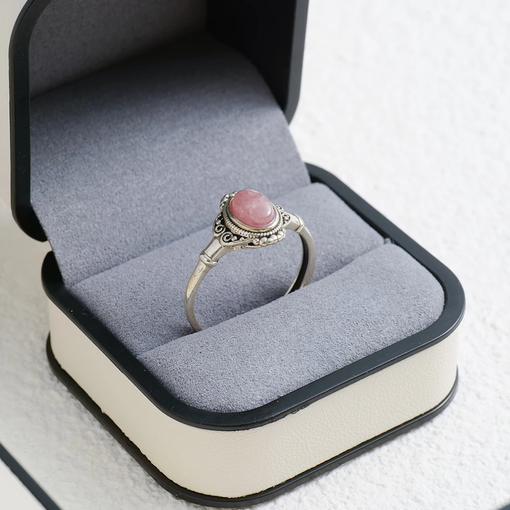 أصيلة S925 الفضة الرودوكروسيت خاتم الطبيعية الوردي الأحجار الكريمة أنيقة الأزهار تصميم البوهيمي المجوهرات هدية