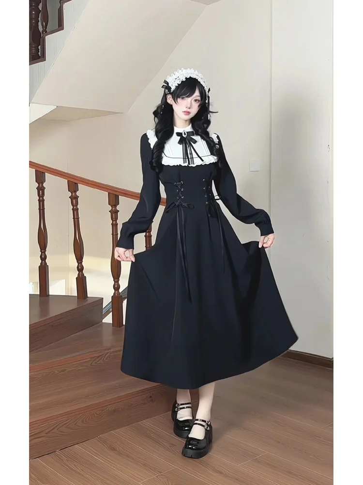 

Готическое винтажное черное кружевное платье с длинными рукавами, подчеркивающее ключицы, с А-образной юбкой, на молнии, с высокой талией, для свиданий