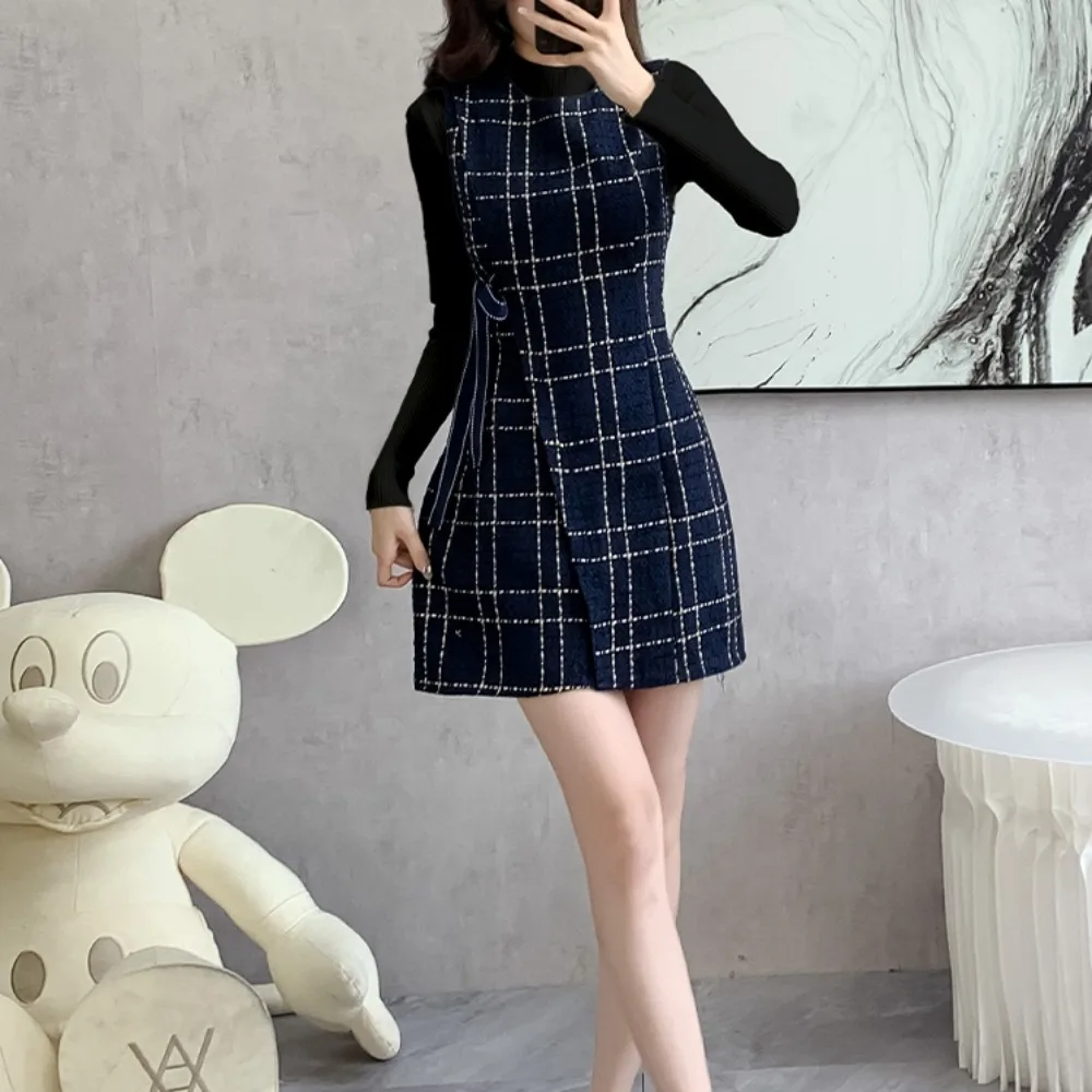 Vintage O-neck Elegant Sleeveless Chic Plaid Slim Bandage Short Dresses Korean Fashion Streetwear High Street Autumn Clothing