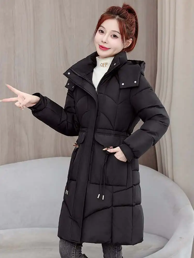 Cappello staccabile in piumino di cotone Jaet Capispalla da donna allentato Parka di media lunghezza antietà Chiusura con cerniera Cappotto lungo Sve