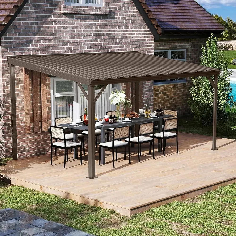 

Уличная беседка 10x14 с жесткой крышей, креплением к стене, оцинкованной стальной крышей, водостоком и коричневой отделкой