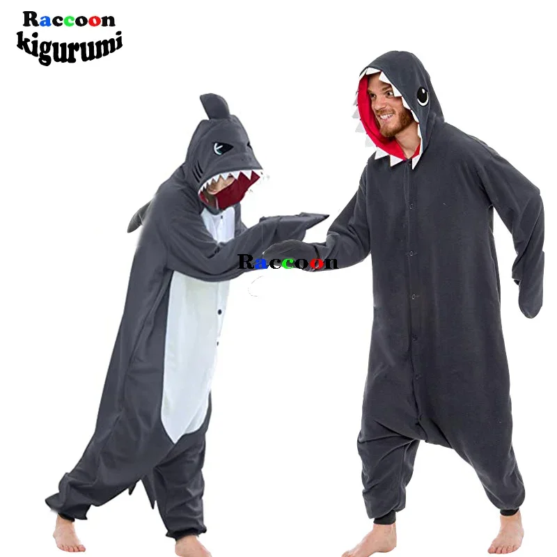 Ferocious Shark Pajamas Cartoon One-Piece Pijama Women Men Suit Onesies For Adults Fleece Couple Raccoon Kigurumi