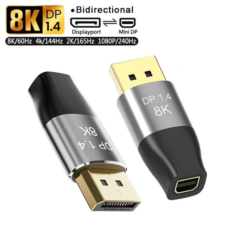 DP to Mini DP Adapter 8K 60Hz 4K 144Hz 2K 165Hz Bi-Direction Male Displayport 1.4 to Female Mini Displayport Converter Connector