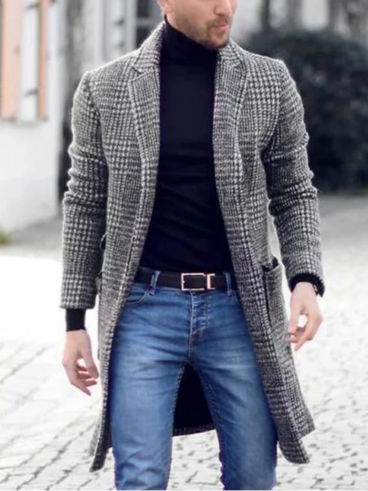 2025Luxury Brands Tweed Coat Men Autumn Winter Long Sleeve Trench Coat Plaid Vintage Slim Mid-length Windbreaker Outerwear