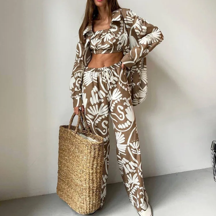 

Feng 2024 Early Autumn New Product Long Sleeved Shirt, Bust, High Waist Pants Set, Printed Fashion Women's Wear