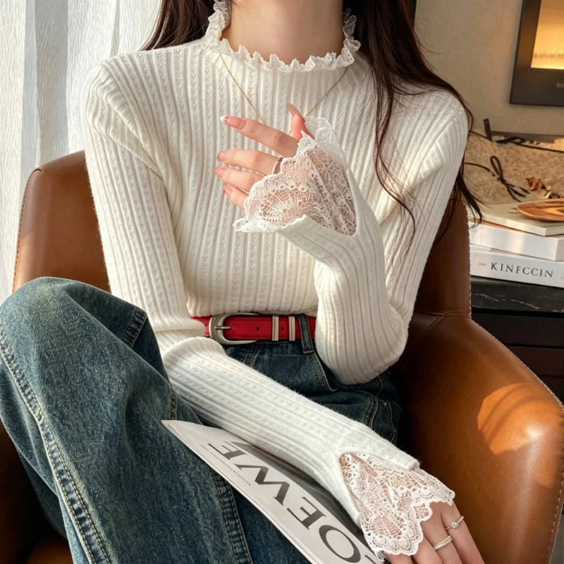 Autumn Winter Turtleneck Bottoming Sweater Fake Two-piece Cover Lace Lotus Leaf Fungus Edge Horn Sleeve Women's Knitted Sweater