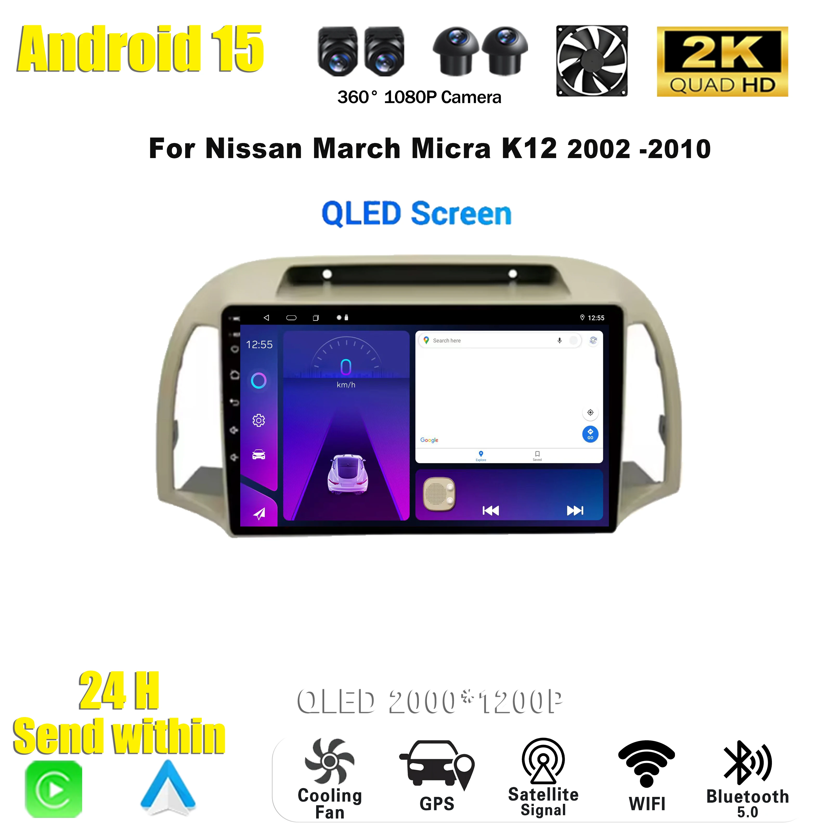 لنيسان مارس ميكرا K12 2002 - 2010 راديو السيارة أندرويد 15 الوسائط المتعددة Carplay ستيريو الملاحة اللاسلكية لتحديد المواقع 5G واي فاي 2din