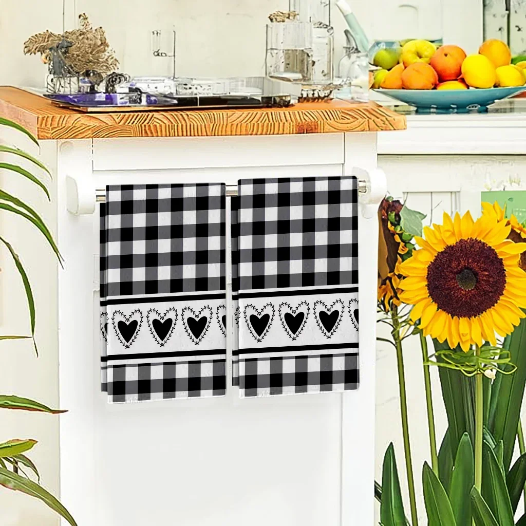 Black and White Checkered Heart-Patterned Kitchen Towel 40*60Cm Towel Set Soft Cleaning Cloth Cooking and Baking Tea Towel