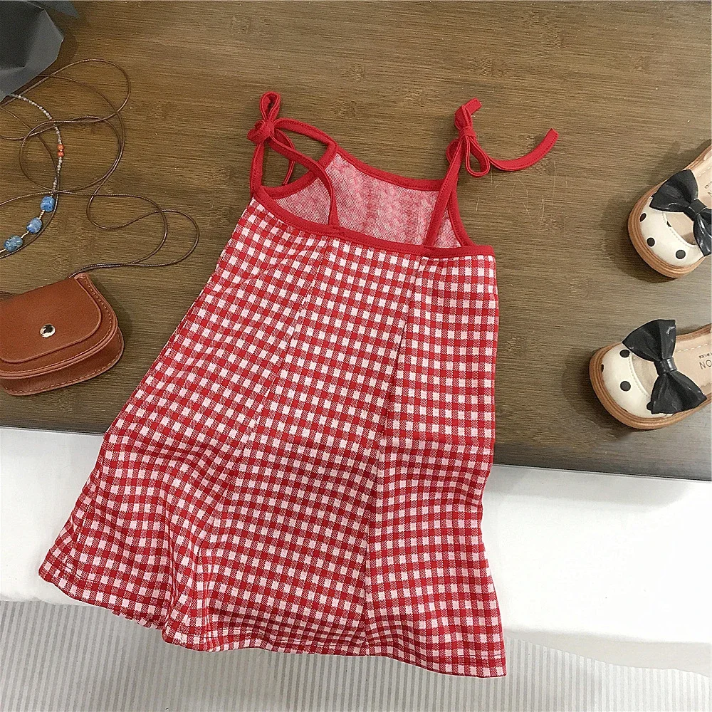 Kids Girls Red Dress Spaghetti Strap Plaid Print Sleeveless A-Line Cotton Vestidos 2-8Y Children Summer Casual Outfits Clothing