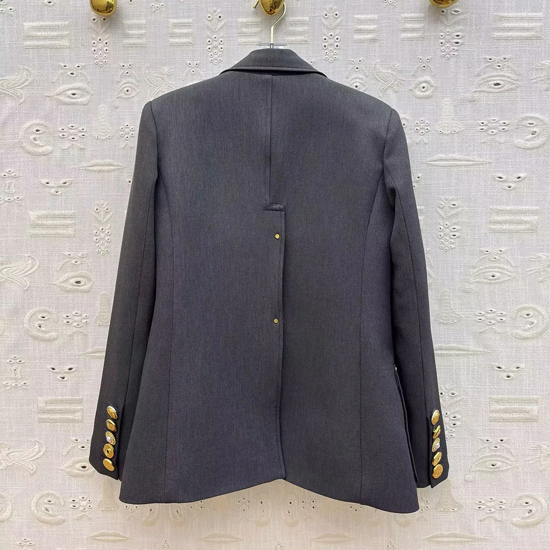 

Высокое качество, темно-серый цвет, элегантный модный винтажный пиджак, женский костюм с зубцами и золотыми пуговицами, шикарная куртка