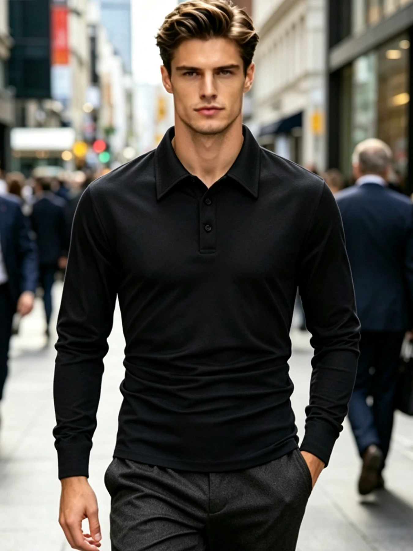 Men Long Sleeve Polo Shirt Quick Dry Breathable Lightweight 