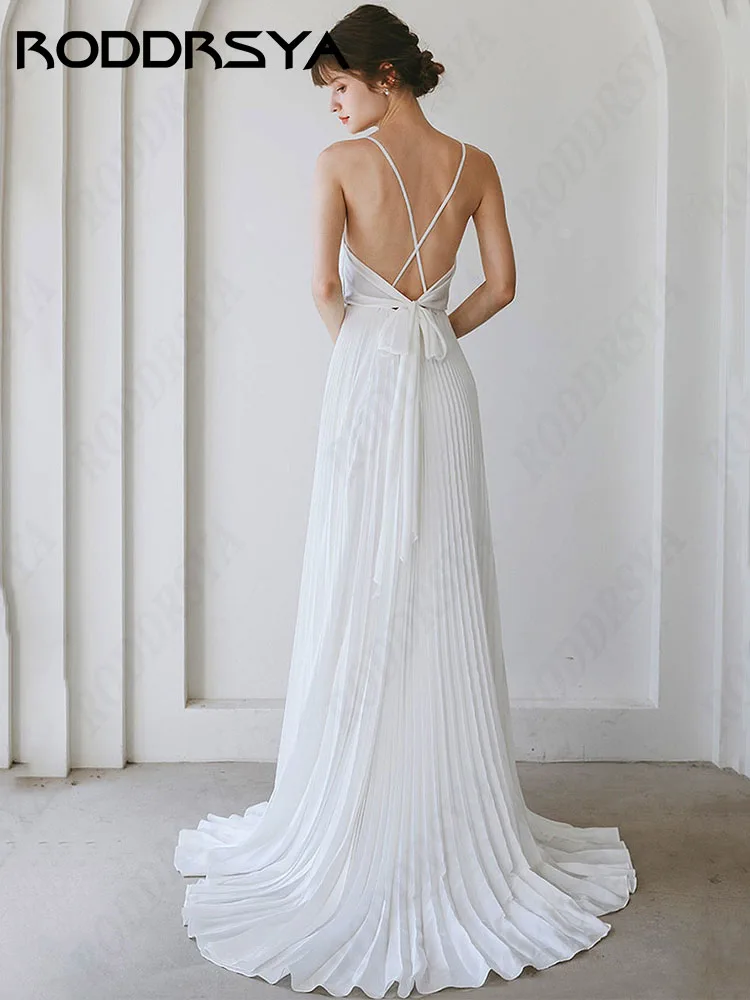 RODDRSYA Korea A-line Wedding Simple Elegant Soft Satin Sleeveless 신부 드레스 Vintage Sexy V-Neck Backless Bridal Party For Bride