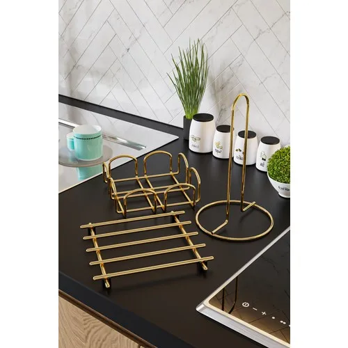 Lux Service Presentation Set Towel rack Napkin Holder Trivet Gold Altın Full Bright Stainless Steel 3 PCs Kitchen Organizer 20x20x2cm