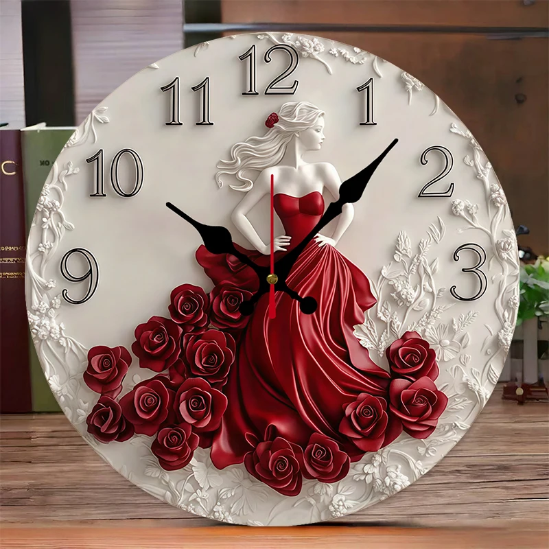 Woman And Red Roses Wooden Round Silent Hanging Wall Clock, Suitable For Living Room,Office, Study Room,Bedroom, Home Decoration