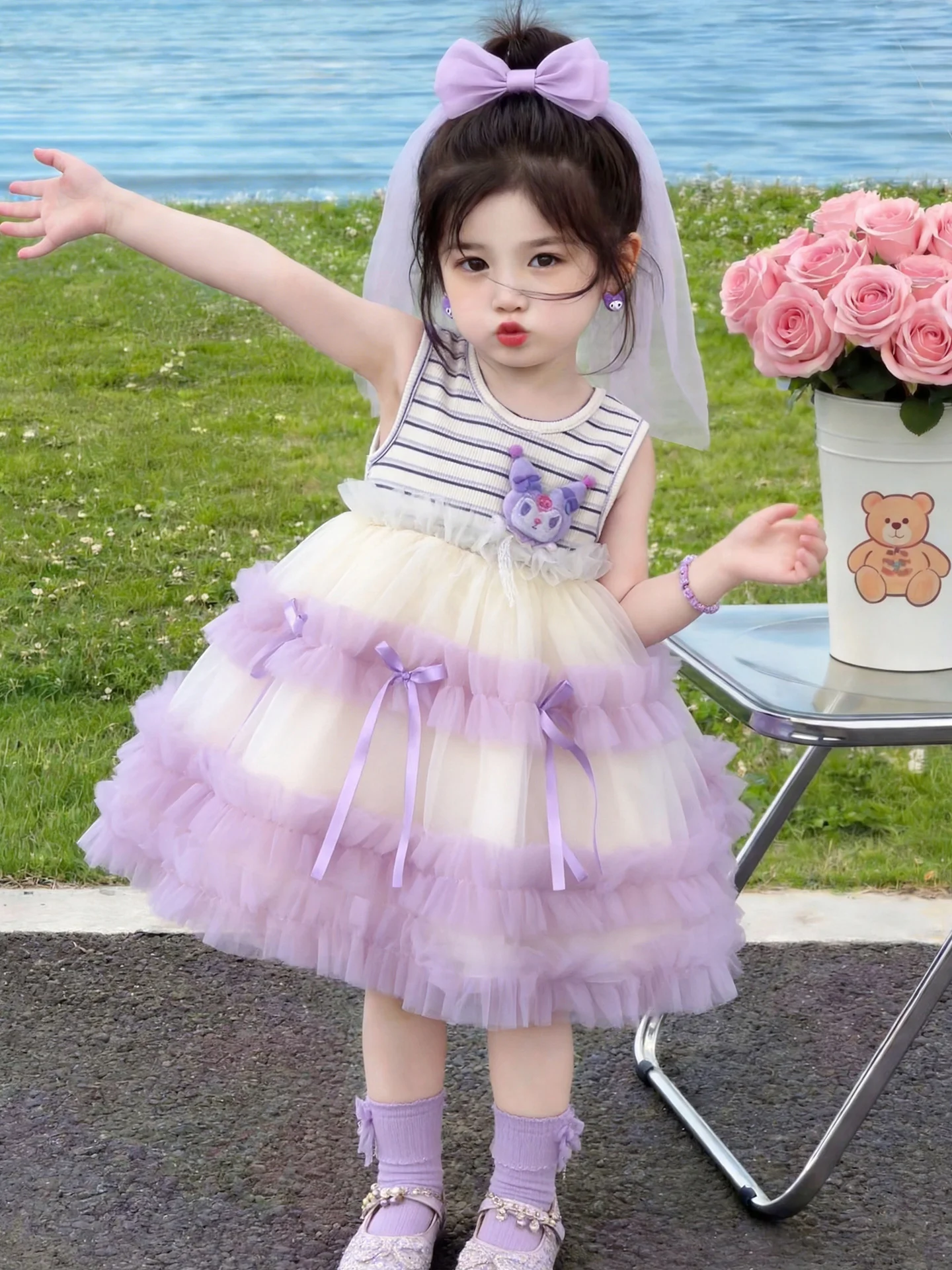 Vestido de Verão Listrado para Meninas, Estilo Colete de Uniforme Kuroko, com Saia de Tule Fofa de Princesa, Estilo Bolo Infa...